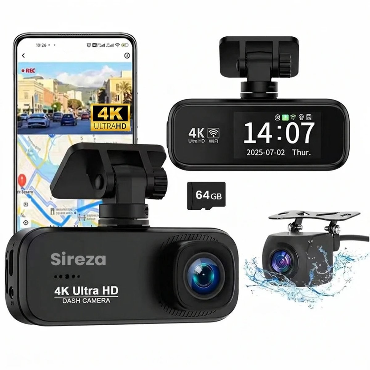 Sireza D3 dual dashcam voor en achter 4K