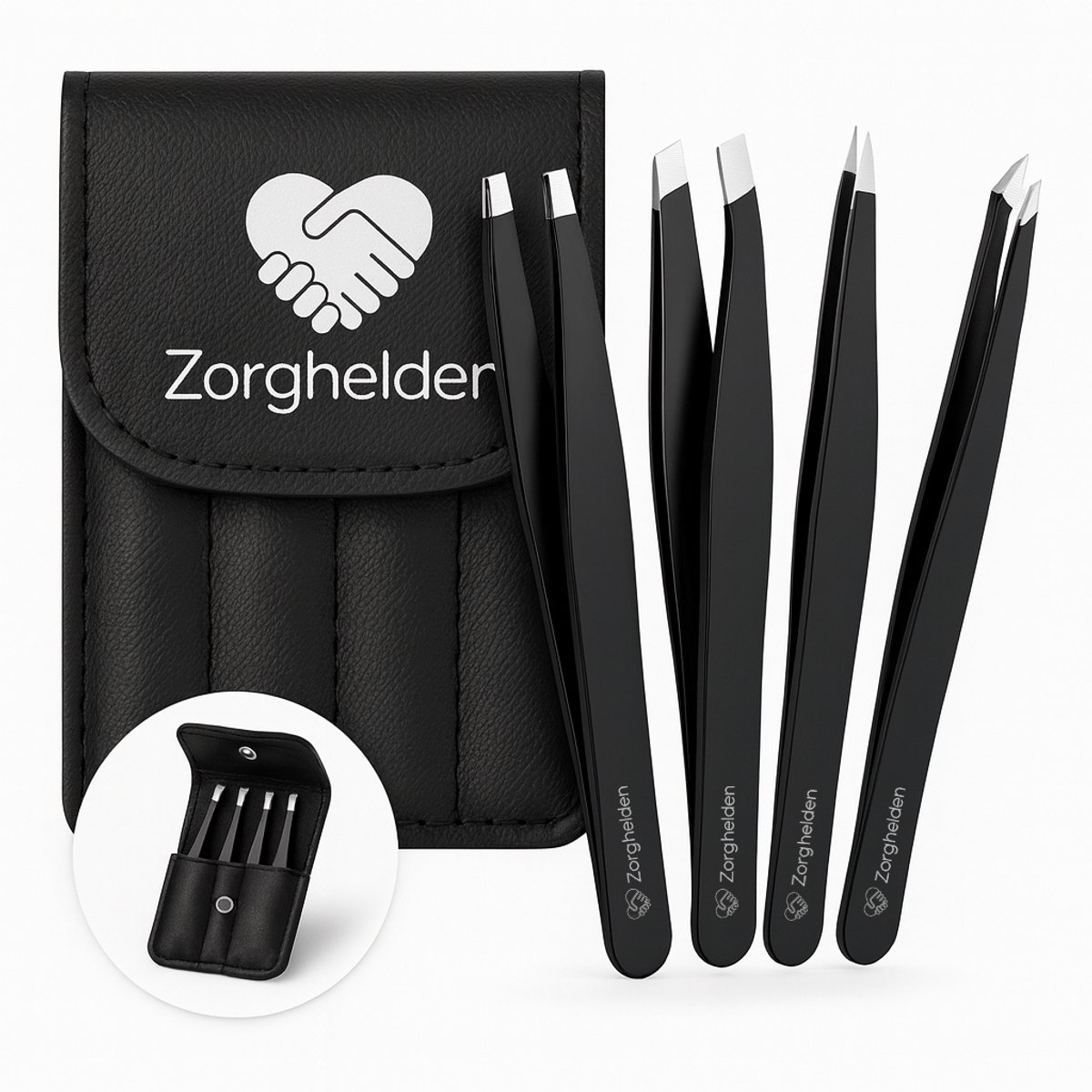 Zorghelden professionele pincetten set 4-delig met opbergetui