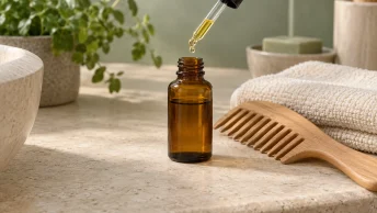 Fles haarserum met een pipet naast een houten kam