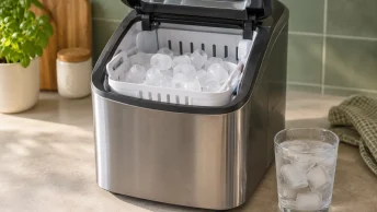 IJsblokjesmachine met een mand ijs en een glas water