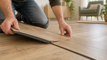 Klik PVC-plank met geïntegreerde onderlaag wordt gelegd