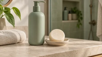 Shampoofles en shampoo bar op een badkamerblad