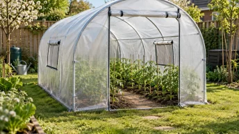Tunnelkas met open ingang en jonge groenteplanten in een tuin